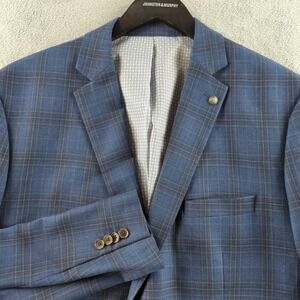 Johnston & Murphy Blazer Sport Coat Mens 44 Blue Plaid Wool 2 Button Notch Lapel